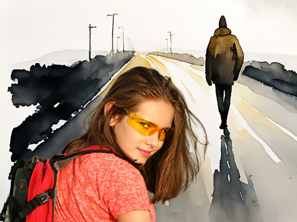 A female backpacker facing forward with a red backpack, in front of a surreal watercolor scene of a lone figure walking into the unknown – symbolizing a journey of self-discovery.