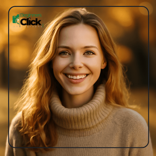 Smiling Woman in Natural Setting Portrait of a young woman with long hair, smiling brightly in a natural outdoor setting with a warm, golden background.