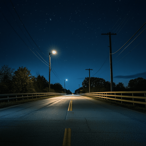 Quiet Night on a Country Road A quiet, starry night on an empty country road, illuminated by streetlights, with power poles lining the way.