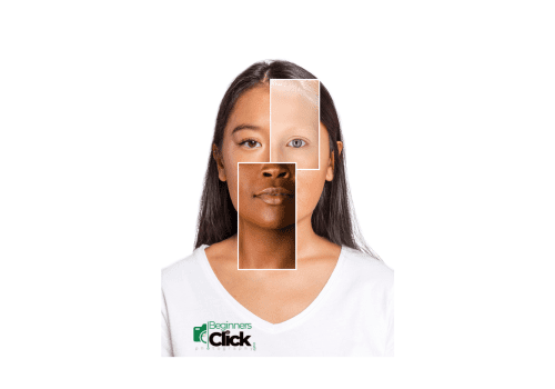 Portrait showing different skin tones with highlighted areas on the face for photography lighting and editing demonstration.
