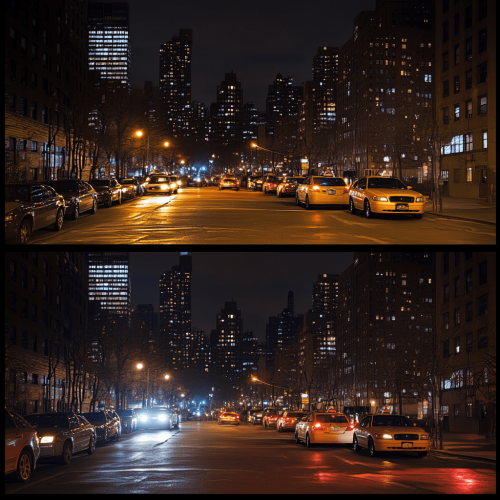 Nighttime New York City Street – Taxi Lights A split image of a New York City street at night, with taxis parked on the side, illuminated buildings, and the lights of moving cars.