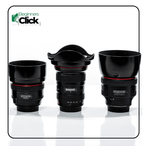 Different Focal Length Camera Lenses A set of three camera lenses with different focal lengths, displayed side by side, showing the varying sizes and shapes of the lens hoods.