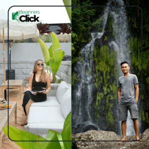 Portrait Photography: Indoor vs. Outdoor Settings A side-by-side portrait of a woman relaxing outdoors and a man standing by a waterfall, showing two different types of portrait photography styles.