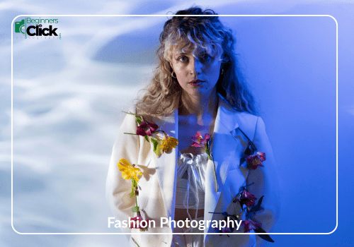 Creative Lights – Fashion Photography A female model in a white outfit adorned with flowers, standing against a soft blue-toned background with water-like light reflections; labeled “Fashion Photography” and marked with “ISO (10)”.