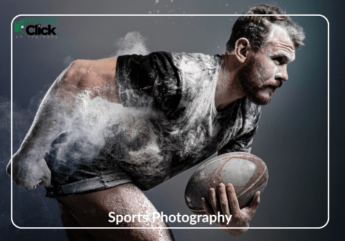 Action in Focus – Sports Photography A male athlete holding a rugby ball in motion, with a burst of white powder around him, creating a dramatic and intense visual effect; labeled “Sports Photography” with the Beginners Click logo.